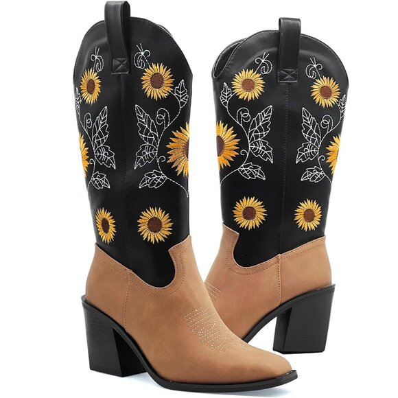 Nzzoo Western Boots Women Black Cowboy Wide Mid Calf Cowgirl Shoes - Picture 1 of 7